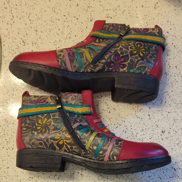 Floral Multicolor Red Leather Ankle Booties - Picture 3 of 6